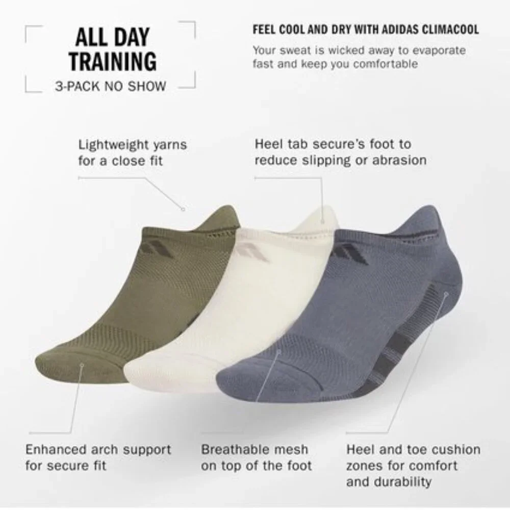 Adidas AllDay No Show Socks 3-Pair Gray/White Sz 12–16 NWT Stocking Stuffer